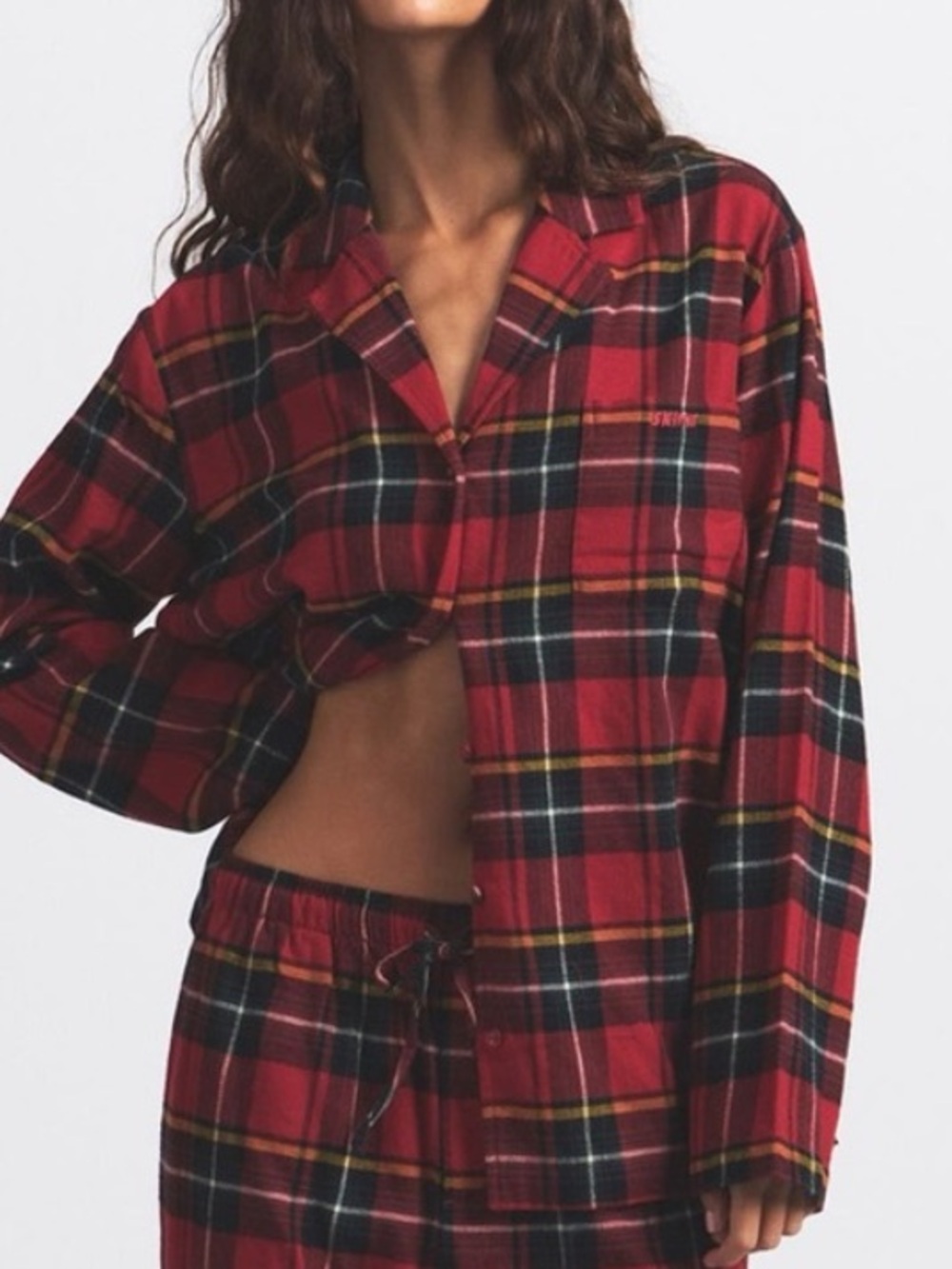 New Skims Brick Holiday Plaid Flannel Pajama button up TOP ONLY
